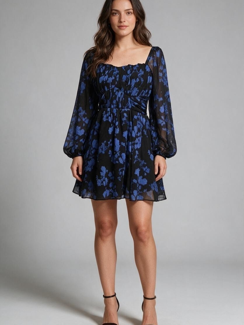 Express Black Mini Dress with Blue Floral Print